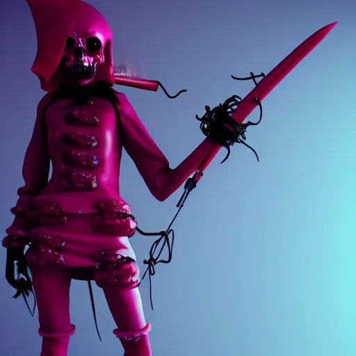 Image similar to candypunk grim reaper, character design, dollpunk, high quality digital art, render, octane, redshift, volumetric lighting, oled