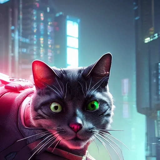 Image similar to cat cyberpunk 2 0 7 7 8 k hyperdetailed photorealism hdr unreal engine 5 extremely high level of detail