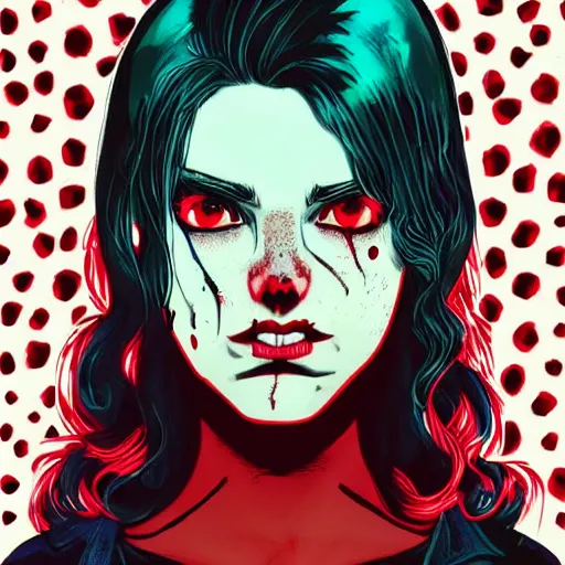 Image similar to Highly detailed portrait of pretty punk zombie young lady with, freckles and beautiful hair by Atey Ghailan, by Loish, by Bryan Lee O'Malley, by Cliff Chiang, inspired by image comics, inspired by graphic novel cover art, inspired by izombie !! Gradient red, black and white color scheme ((grafitti tag brick wall background)), trending on artstation