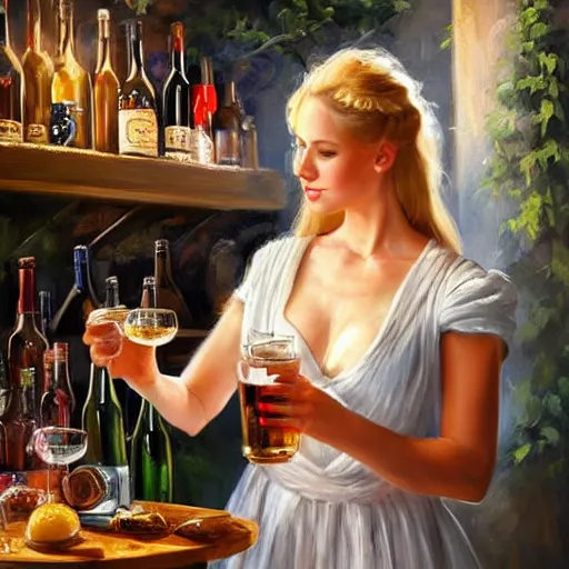 Image similar to (((((Boba Fett))))) and a beautiful young blonde drinking beer in a wine cellar, food, meat, schnapps, torches on the wall, romantic, inviting, cozy, painting by Vladimir Volegov