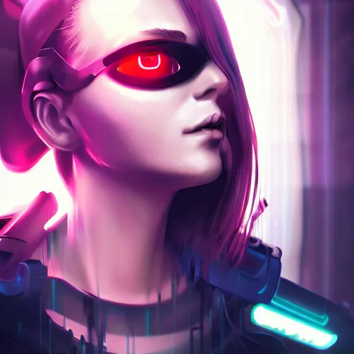 Image similar to portrait of a beautiful cyberpunk hacker girl with cybernetic eyes, sci - fi, dystopian, high contrast, digital painting, artstation, dark lighting, vivid colour, sharp focus, edgy, film grain, depth of field