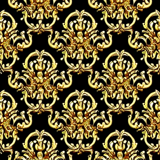 Image similar to seamless 3D baroque gold pattern, Beautiful dynamic shadows , gold and pearls, symmetrical, rococo elements, damask, Artstation, versace pattern, concept design art, Octane render,8K