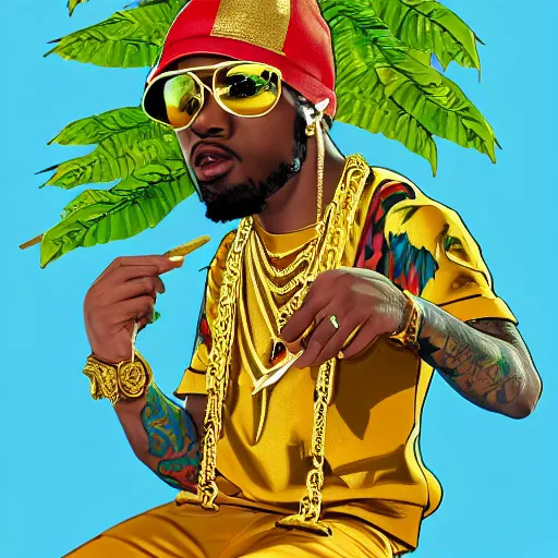 Prompt: parrots dressed in golden rings, necklaces and with caps on head, rapping and sitting on golden trees, rap scene, jungle concept art, trending on artstation, highly detailed, digital art, 8 k