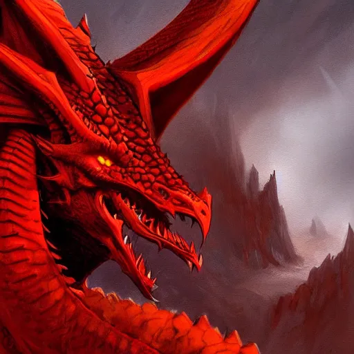 Prompt: red dragon close up by greg rutkowski, drark, marvel comics, dark, plutus su and chris scalf and lucas graciano and billy christian, symmetrical, mountains, red and gold color palette, painting, d & d, fantasy, detailed, realistic, complimentary colors, light, artstation, cinematic, dramatic lighting, close up, storm clouds, hudson river school