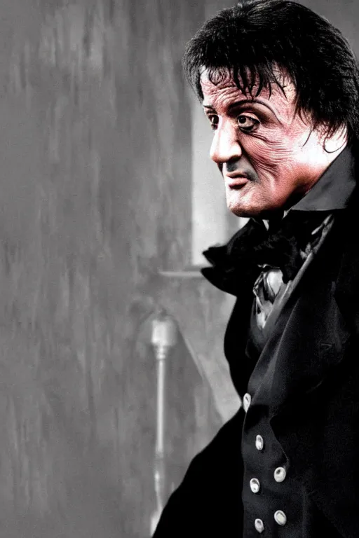Image similar to sylvester stallone playing edgar allen poe, 8 0 s movie, cinematic, dramatic