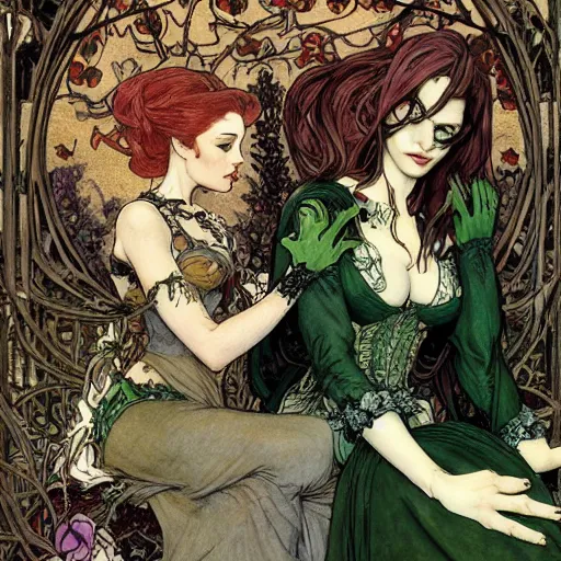 Image similar to a beautiful picture of doctor poison ivy professor of botany and doctor liliana vess professor of demonology having lunch, academic clothing, dark eyeliner, intricate, elegant, highly detailed, digital painting, artstation, concept art, matte, sharp focus, illustration, art by rebecca guay and by arthur rackham and by alphonse mucha and by john william waterhouse