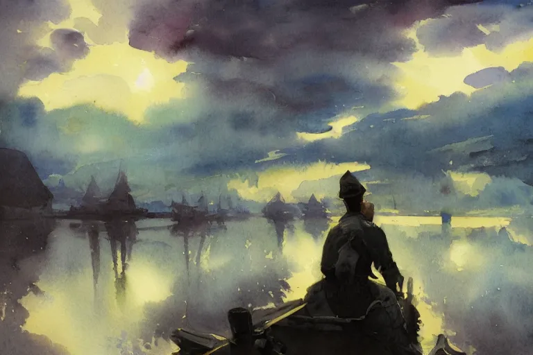 Image similar to small centered on watercolor paper, paint brush strokes, abstract watercolor painting of diamond night over blackwater town, cinematic light, american romanticism by hans dahl, by jesper ejsing, by anders zorn, by greg rutkowski, by greg manchess, by tyler edlin