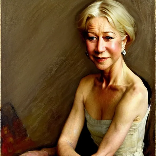 Image similar to a striking portrait of helen mirren by john singer sargent, norman rockwell, and andrew wyeth, strong brushwork, natural light, color palette of pastels and earth tones