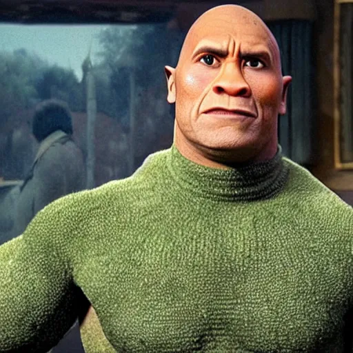 Image similar to The Rock in a turtleneck, Shrek