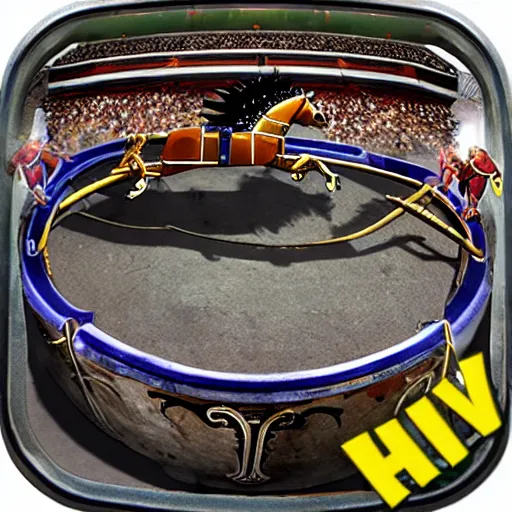 Image similar to roman horsedrawn chariot racer jumping high on half pipe, fish eye, tony hawk, video game