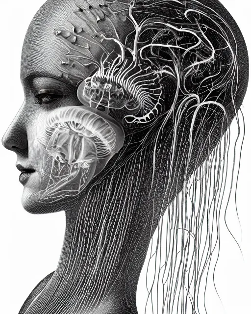 Prompt: mythical dreamy black and white organic bio - mechanical spinal ribbed profile face portrait detail of beautiful intricate monochrome angelic - human - queen - vegetal - cyborg with a visible detailed brain and neurons, highly detailed, intricate translucent jellyfish ornate, poetic, translucent microchip ornate, photo - realisitc artistic lithography in the style of fritz lang