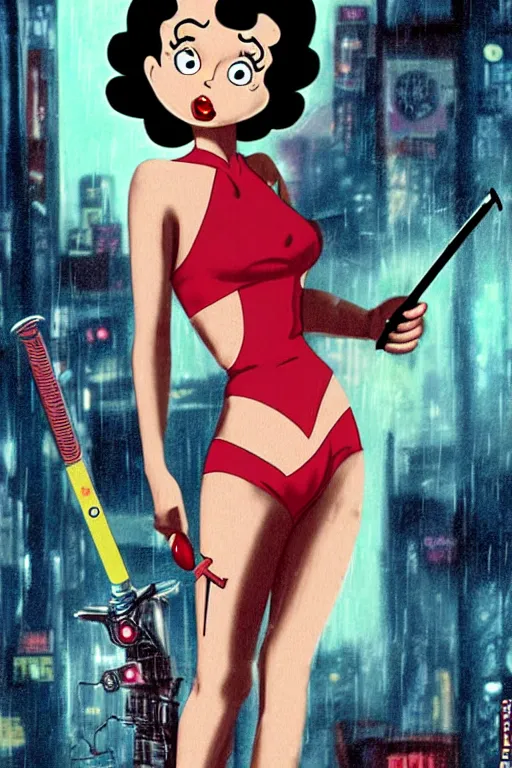 Prompt: betty boop in blade runner, smoking a cigarette holding a sword in the rain. digital art, retro cyberpunk