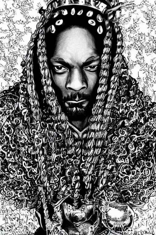 Image similar to Snoop Dogg as a knight, highly detailed, black and white, manga, art by Kentaro Miura