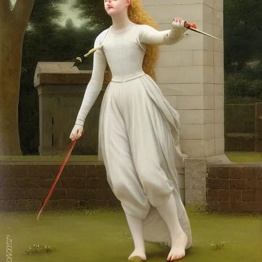 Prompt: Painting of Elle Fanning fencing, long blonde hair, delicate, pale milky white porcelain skin, by Edmund Leighton. 8K. Extremely detailed.