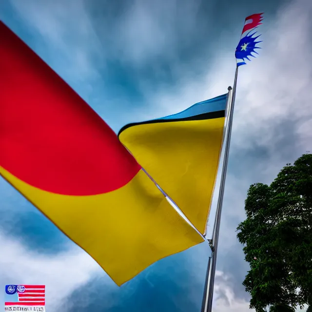 Image similar to photo of a malaysian flag raised on a flag pole on the malaysian national day, highly detailed, 8 k, hdr smooth, sharp focus, high resolution, award - winning photo, dslr, 5 0 mm