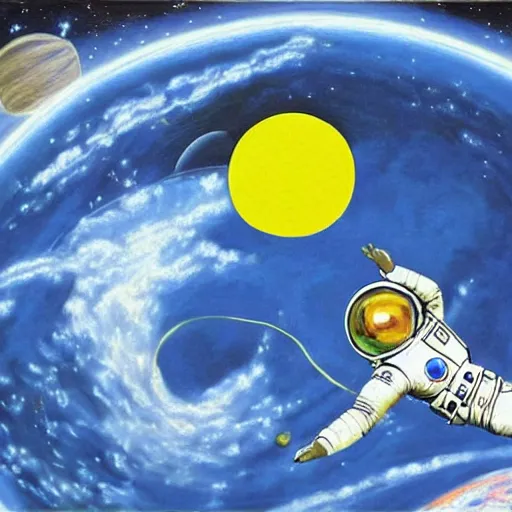 Image similar to A beautiful painting of a man in a spacesuit floating in a zero-gravity environment, with a planet in the background. sapphire, Greek, drawn in MS paint by Hirohiko Araki