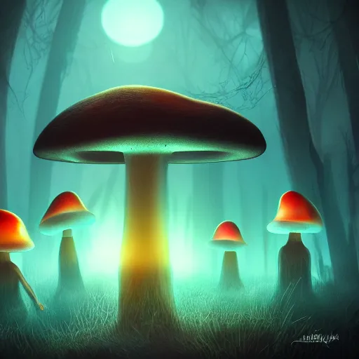 Image similar to mushroom cult, ritual, volumetric lighting, digital artwork, trending on art station, vignette, runic symbols, eerie