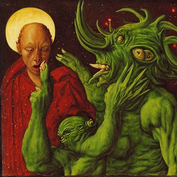 Prompt: a green-horned goblin monster holding a crying woman in a nebula, by Jan van Eyck