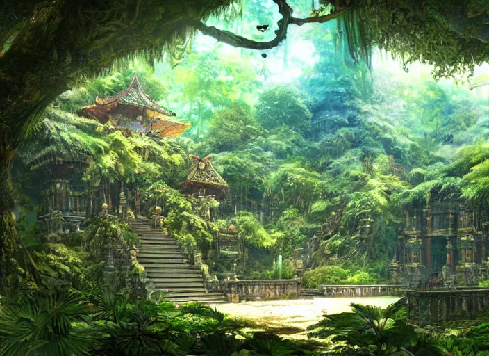 Image similar to Fantasy tropical forest temple. hidari, color page, tankoban, 4K, tone mapping, Akihiko Yoshida.