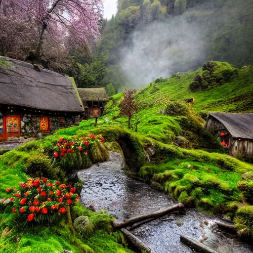 Image similar to spring festival at medieval hobbit village, ornate, beautiful, atmosphere, vibe, mist, smoke, fire, chimney, rain, wet, pristine, puddles, waterfall, melting, dripping, snow, creek, moss, ice, bridge, rainbow, cobble, forest, roses, flowers, color page, 4 k, contest winner