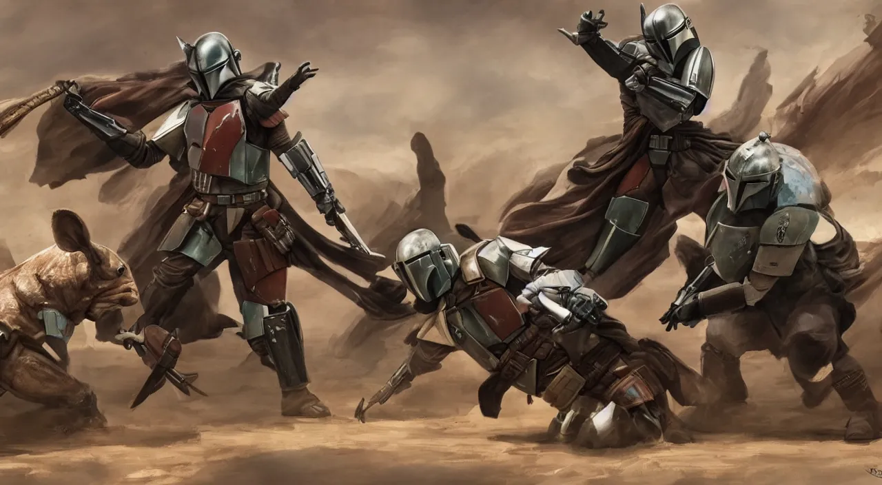 Prompt: Mandalorian fights rhinoceros, concept art, cinematic