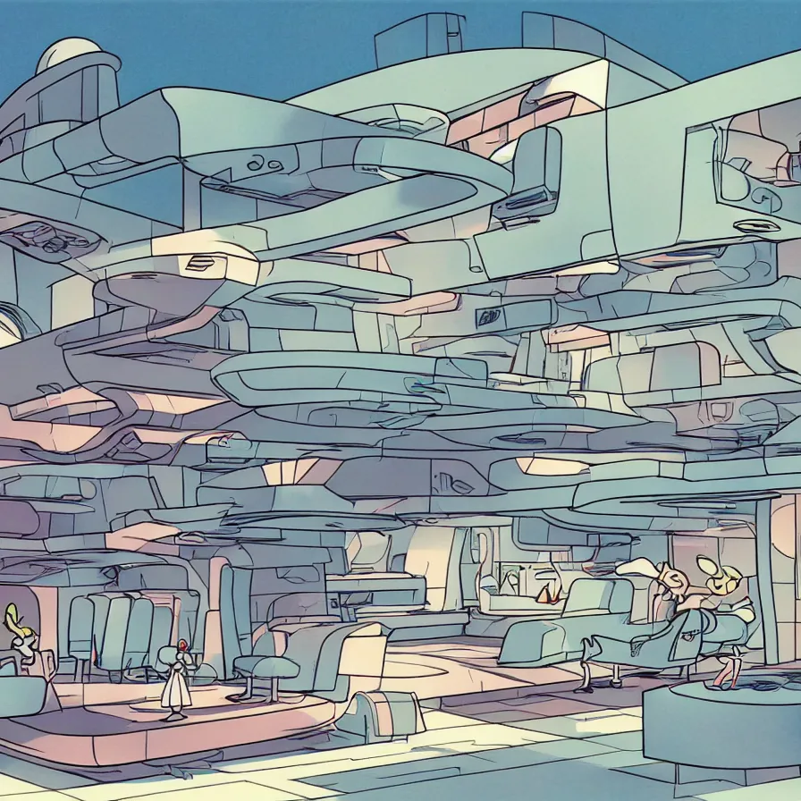 Image similar to concept art of jetsons cartoon scenario of a brutal house architecture indoor