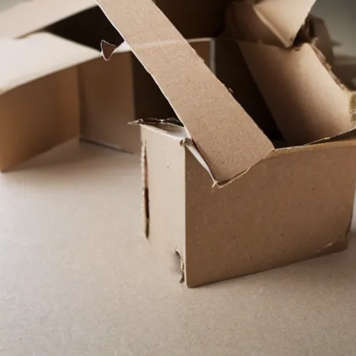 Image similar to broken and damaged cardboard box pulled apart, ripped, wrapped in fragile tape