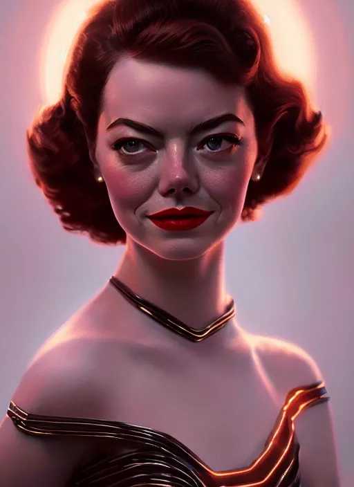 Image similar to portrait of 1 9 5 0 s darna, young emma stone, intricate, elegant, glowing lights, highly detailed, digital painting, artstation, glamor pose, concept art, smooth, sharp focus, illustration, art by wlop, mars ravelo and greg rutkowski