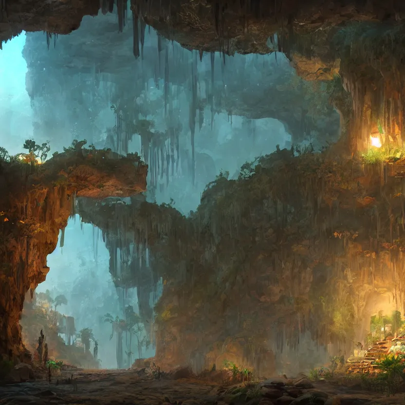 Image similar to interior of a cave with ancient ruins and plants with lights, retrowave epic art, trending on artstation, cgsociety