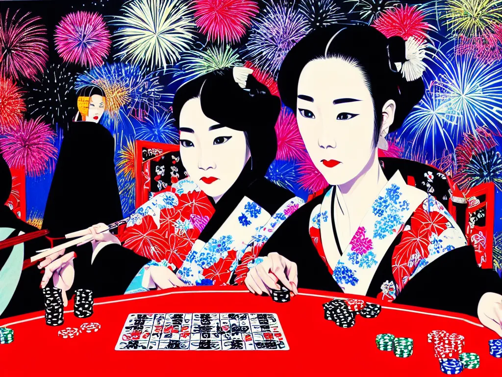 Image similar to hyperrealistic composition of the detailed woman in a japanese kimono sitting at a extremely detailed poker table with detailed darth vader, fireworks, mount fuji on the background, pop - art style, jacky tsai style, andy warhol style, acrylic on canvas