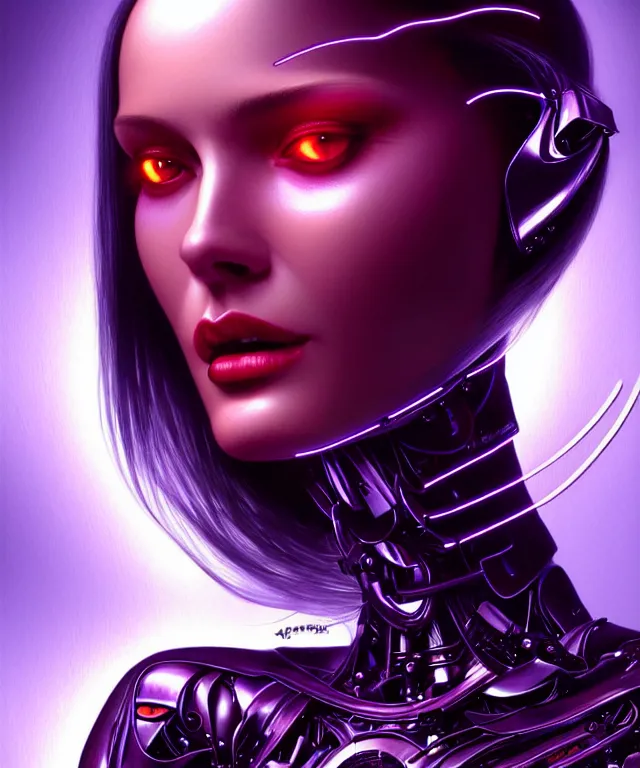 Prompt: Supermodel woman turning into an Android portrait, dark surrealism , scifi, intricate, elegant, long dark hair, highly detailed cybernetic body, neon glowing eyes, digital painting, artstation, concept art, smooth, sharp focus, illustration, art by artgerm and moebius and alphonse mucha