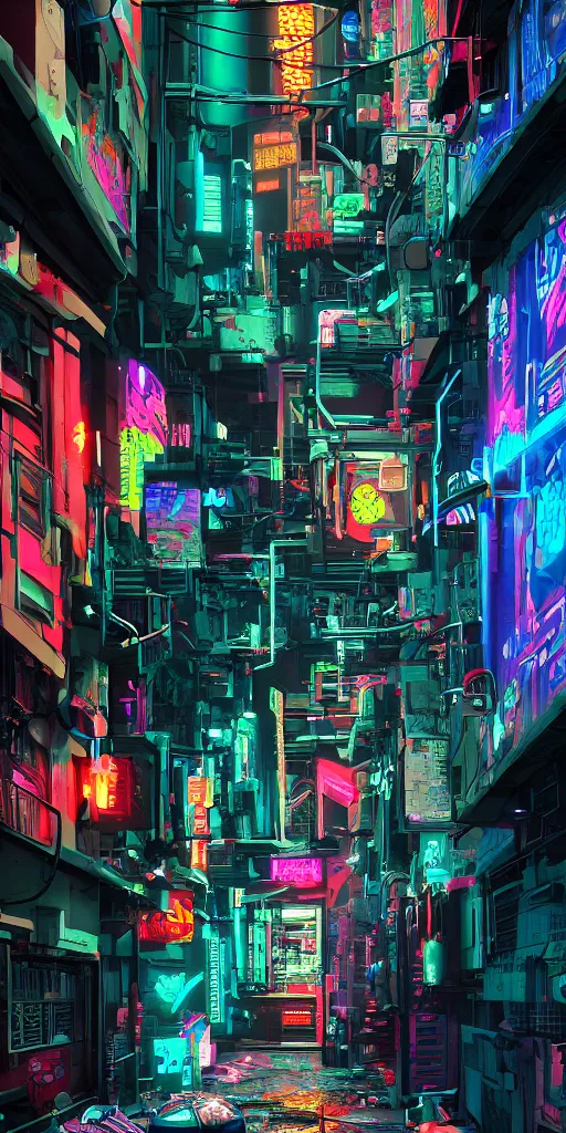Image similar to cyberpunk alley, pop art, rtx, 8 k, ray tracing, highly detailed, beeple