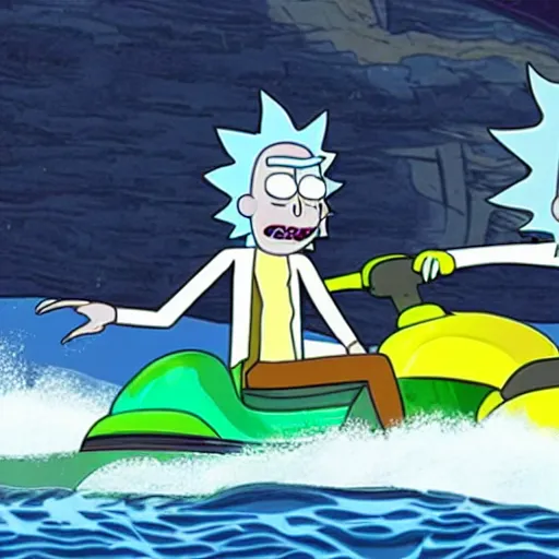 Image similar to rick and morty driving jetskis