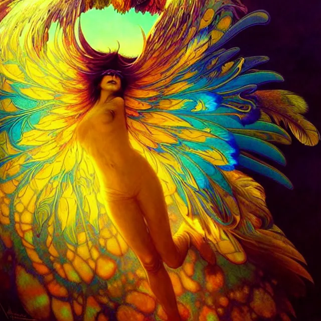 Image similar to psychedelic transcendent feather mind bending psychedelic wings of glossy liquid honey flowing like kaleidoscopic translucent holograph, lsd feathers, honey wind, enlightenment, high contrast dappled lighting, refracted sunset, highly detailed, concept art, art by collier, albert aublet, krenz cushart, artem demura, alphonse mucha