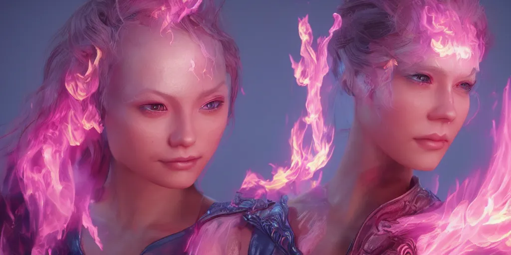 Image similar to pink and blue humanoid woman flaming phoenix, character portrait, unreal engine 5, intricate, detailed, realistic, masterpiece