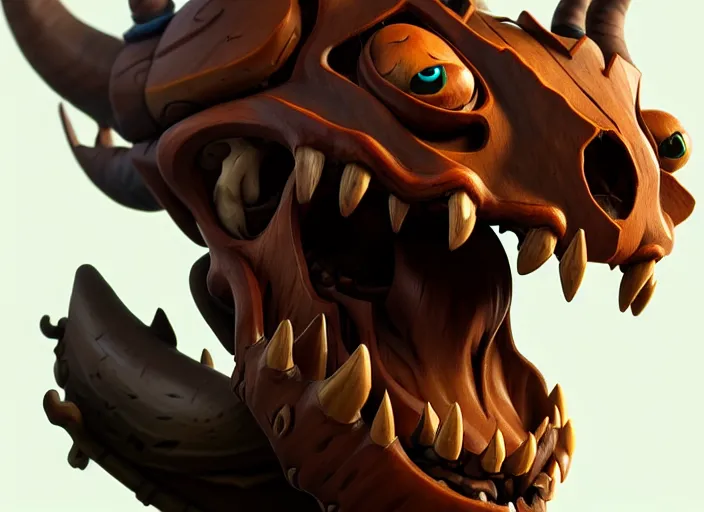 Image similar to brown wooden festeroot dragonskull treant head, stylized stl, 3 d render, activision blizzard style, hearthstone style, darksiders art style, greg rutkowski style