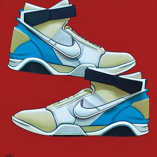 Image similar to retro futuristic Nike Air Mag sneakers by syd mead