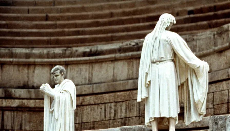 Image similar to 1 9 6 0 s movie still close - up of caligula in a white toga stabbed to death on ancient amphitheater's stairs, cinestill 8 0 0 t 3 5 mm, high quality, heavy grain, high detail, dramatic light, anamorphic, blood