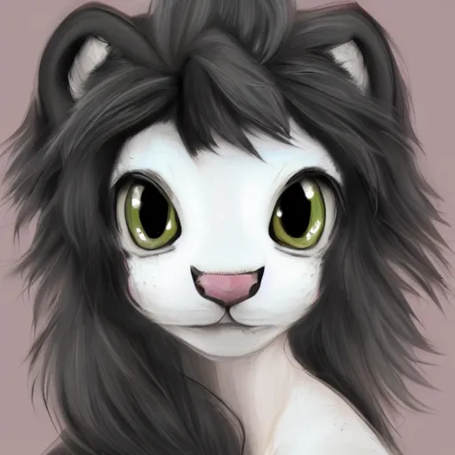 Image similar to headshot of young female furry, D&D, cute, fantasy, intricate, long hair, dark grey skin, mouse face, mouse nose, dark skin, mouse head, mouse ears, black hair, elegant, highly detailed, cartoony, artstation, concept art, smooth, sharp focus, illustration, art by Diives