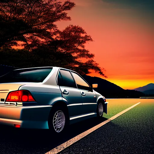 Image similar to a car Toyota JZX100 in middle of road, gunma prefecture, city sunset, cinematic color, photorealistic, highly detailed, bokeh