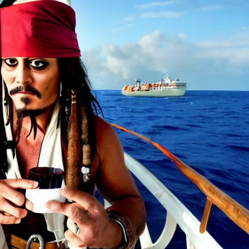 Image similar to captain jack sparrow drinking rum on a ship in the middle of the ocean, sun shining, wide angle, hd