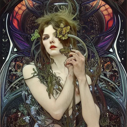 Prompt: realistic detailed face portrait of the Demon Lilith by Alphonse Mucha, Ayami Kojima, Amano, Karol Bak, Greg Hildebrandt, Jean Delville, and Mark Brooks, Art Nouveau, Neo-Gothic, gothic, rich deep colors