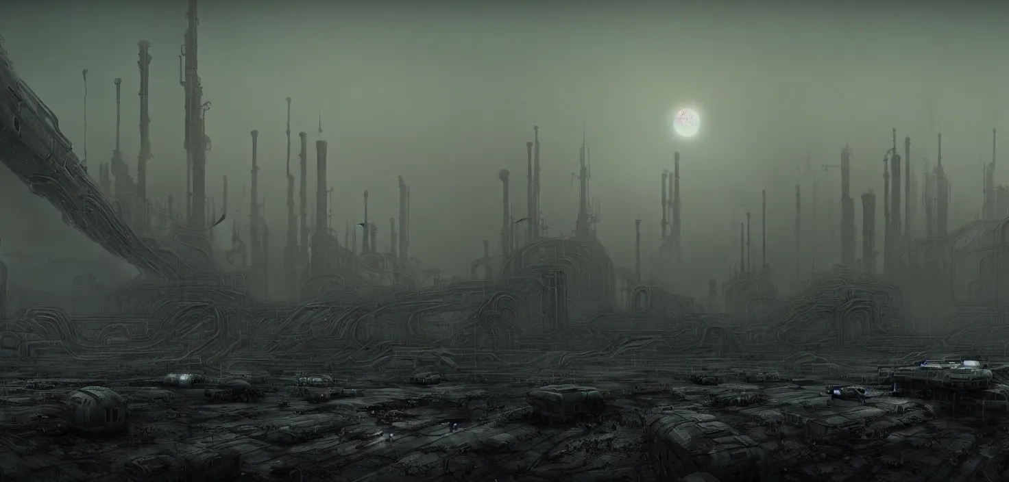 Image similar to polluted industrial alien landscape, smoke, soot, cinematic, detailed, epic, widescreen, opening, establishing, mattepainting, photorealistic, realistic textures, octane render, hr giger and vincent di fate, vivid color scheme, featured in artstation, octane render, cinematic, elegant, intricate, 8 k