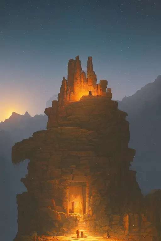 Prompt: ancient temple on a rocky cliff in a canyon, shooting stars in the night sky, dramatic lighting, artstation, matte painting, ralph mcquarrie, simon stalenhag