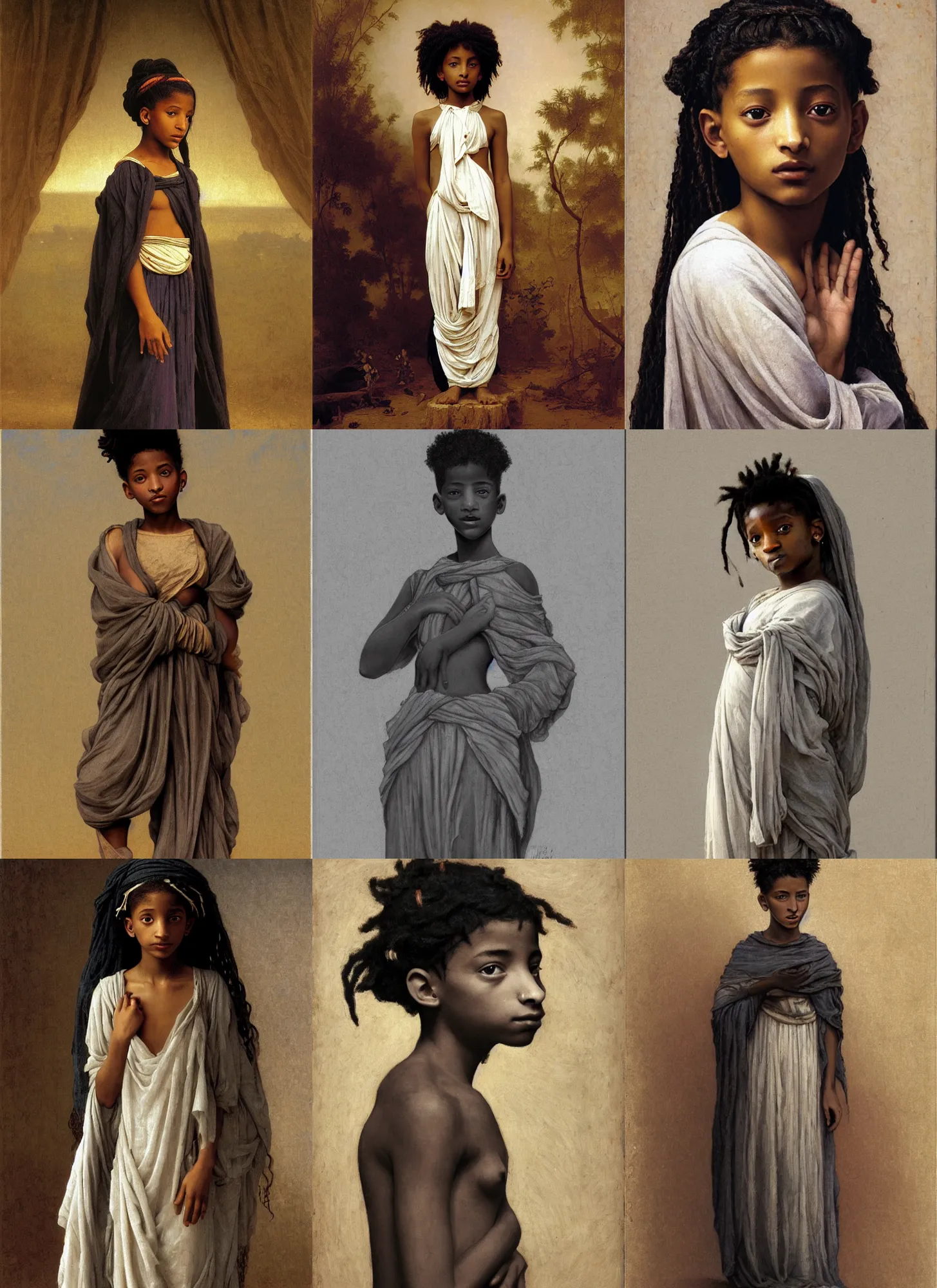 Prompt: willow smith as young libyan girl, full body, symetrical, grey background, intricate, sharp focus, illustration, orientalism, bouguereau, rutkowski, jurgens