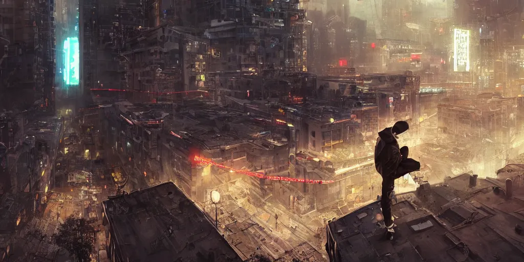 Image similar to cinematic shots of teenagers with tech clothing and hoods and tactical masks doing risky parkour on the rooftops of a dystopian city, neon lights, sci - fi, night lights, rain and haze, concept art, intricate, in the style of katsuhiro otomo, akira, unreal engine