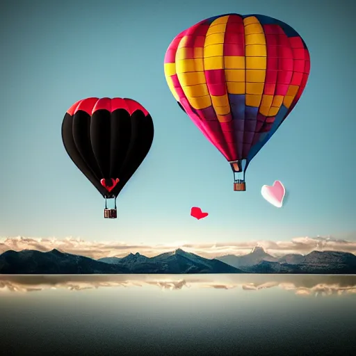 Image similar to realistic extremely detailed photo of a hot air balloon with a picture of two black swans swimming, touching heads, forming a heart with their necks flying above a reflective mountain lake, granular detail, holographic krypton ion, octane render, 4k, f32,55mm photography, wide angle