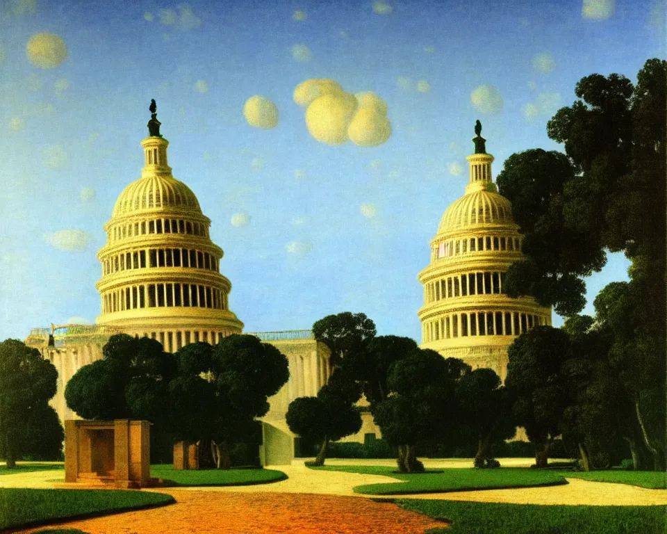 Image similar to an achingly beautiful print of a ruined U.S. Capitol in the Maldives by Raphael, Hopper, and Rene Magritte. detailed, romantic, enchanting, trending on artstation.