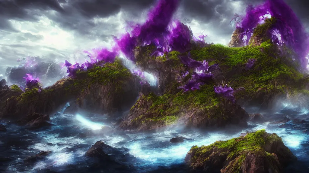 Image similar to archipelago, fantasy artwork, very very very beautiful Purple Tornado, hd, hdr, ue5, ue6, unreal engine 5, cinematic 4k wallpaper, 8k, ultra detailed, high resolution, artstation, award winning