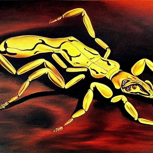 Prompt: hybrid of a scorpion and a jaguar. hyper realism painting by salvador dali and jackson pollock. 3 d depth and sense of scale